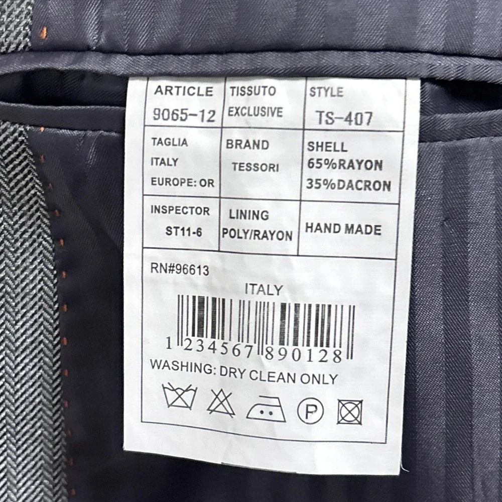 Tessori Suit 44L 43x36 Silver Herringbone 3 Piece Handmade Custom Italy Tall